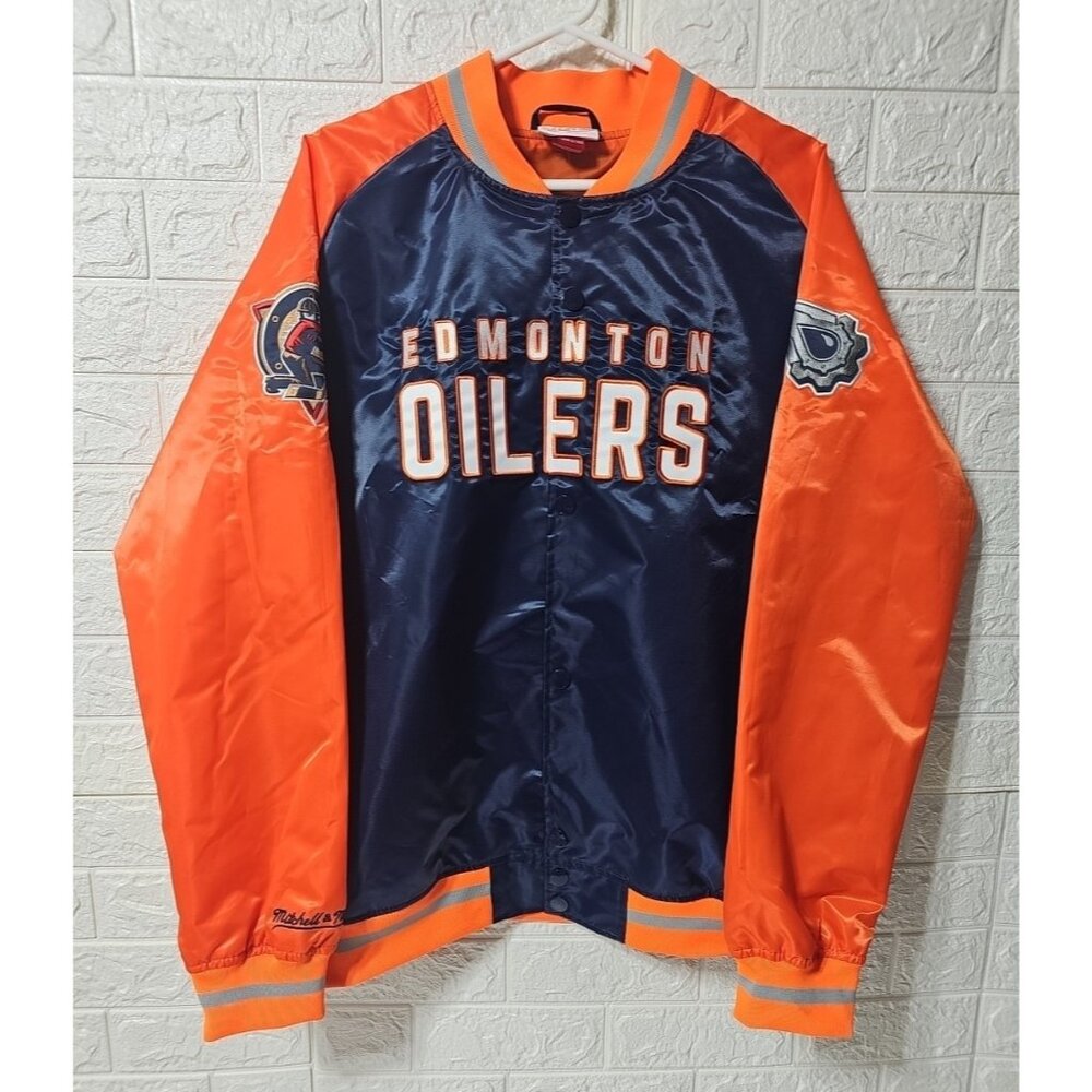 Mitchell & Ness Edmonton Oilers Navy and Orange Satin Bomber Jacket
